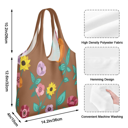 Floral-patterned tote bag with measurements and fabric details on a white background