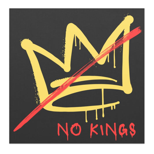 Logo with a yellow crown and 'NO KINGS' text on a black background