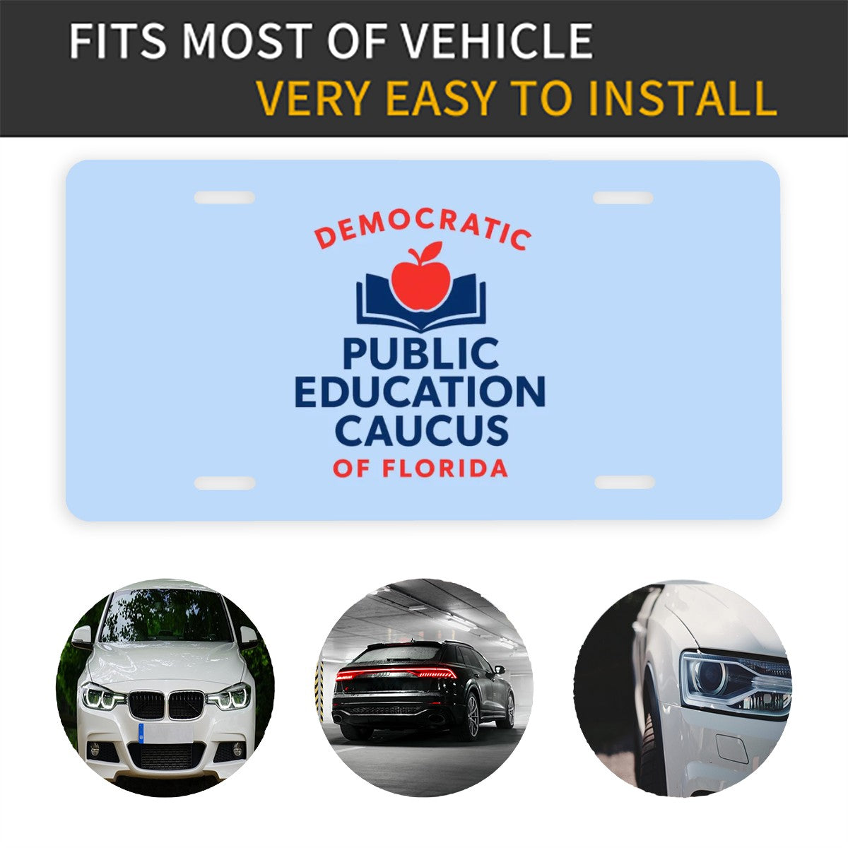 License plate with 'Democratic Public Education Caucus of Florida' text and images of vehicles.