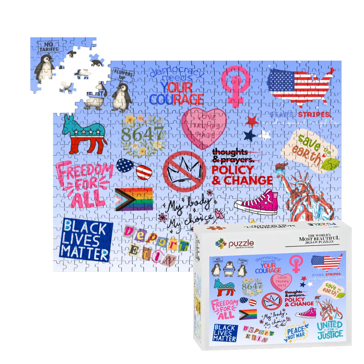 Puzzle with various symbols and text on a blue background, accompanied by its packaging.