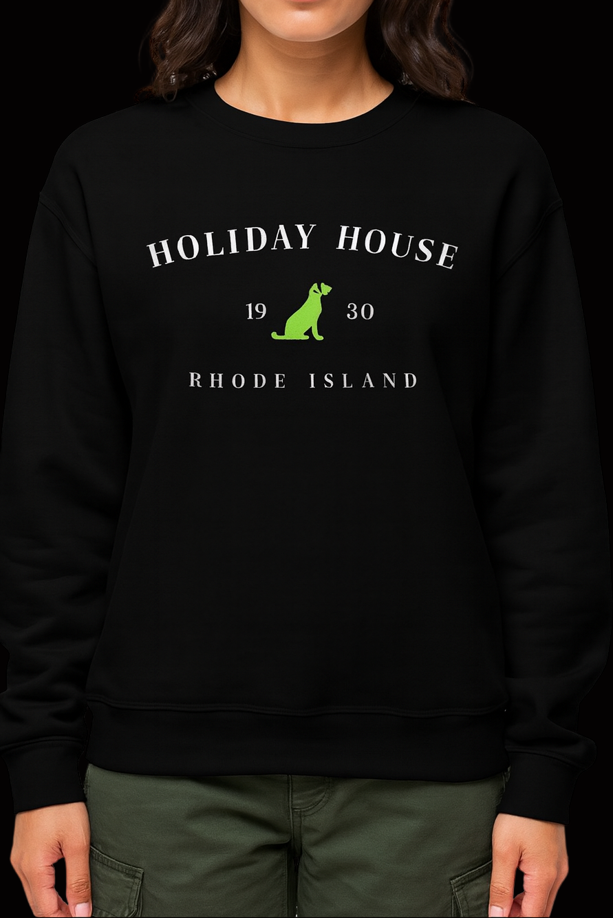 Black sweatshirt with 'Holiday House' text and green silhouette of a house on a white background