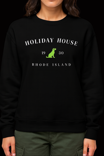 Black sweatshirt with 'Holiday House' text and green silhouette of a house on a white background