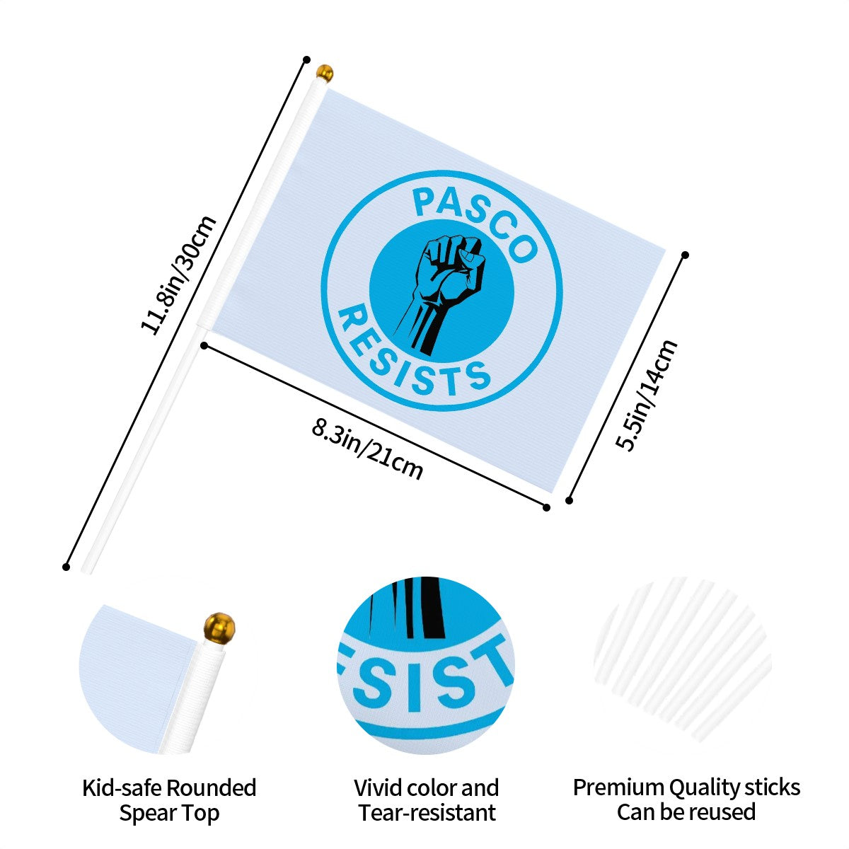 Measurement chart of a PASCO RESISTS flag with specifications on a white background
