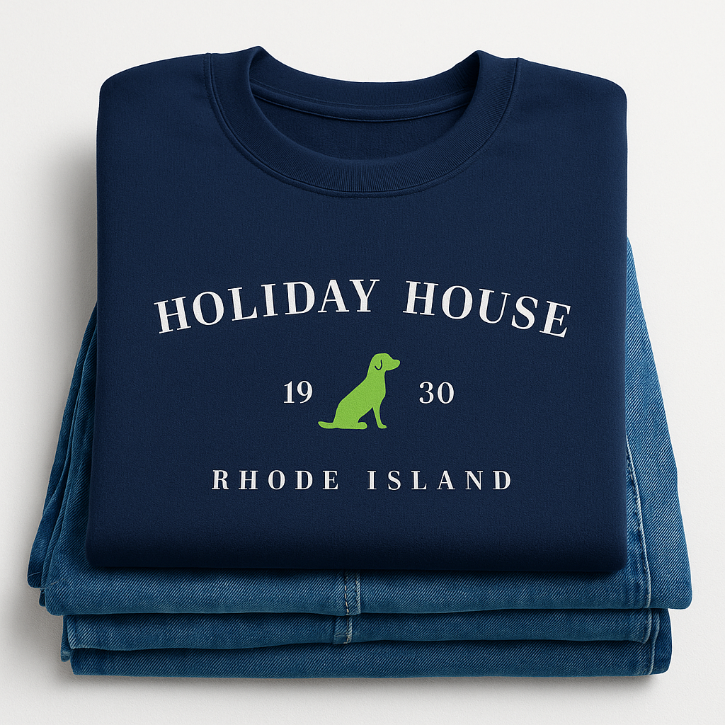 Folded navy blue shirt with 'Holiday House' and 'Rhode Island' text on a white background