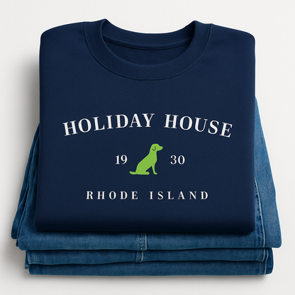 Folded navy blue shirt with 'Holiday House' and 'Rhode Island' text on a white background