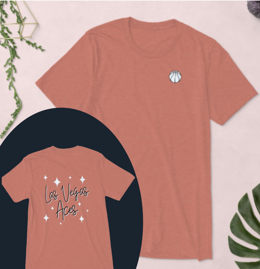 Two terracotta-colored t-shirts with text and graphics on a light background.