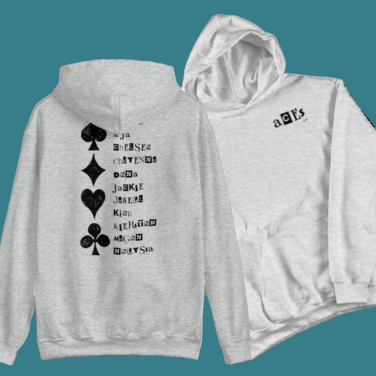 Two gray hoodies with black card suit symbols and text on a white background