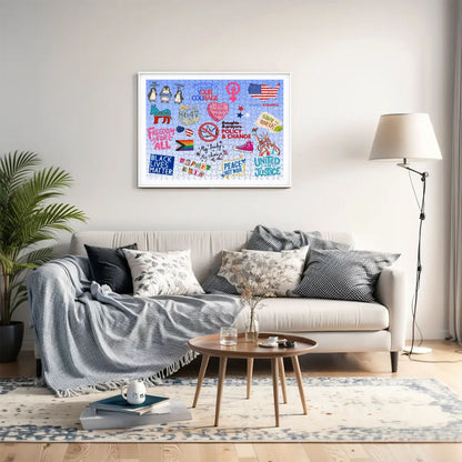 Living room with a couch, coffee table, and decorative wall art.