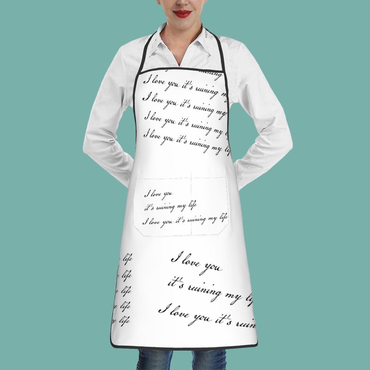 Person wearing a white apron with text design on a white background