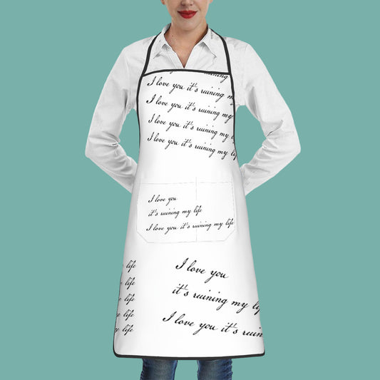 Person wearing a white apron with text design on a white background