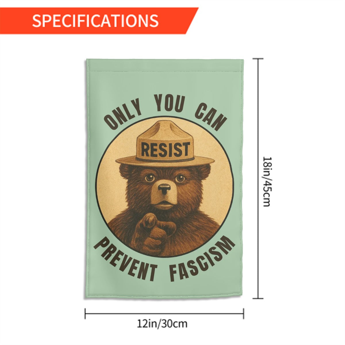 Poster with bear graphic and text 'Only you can resist prevent fascism' on a light green background