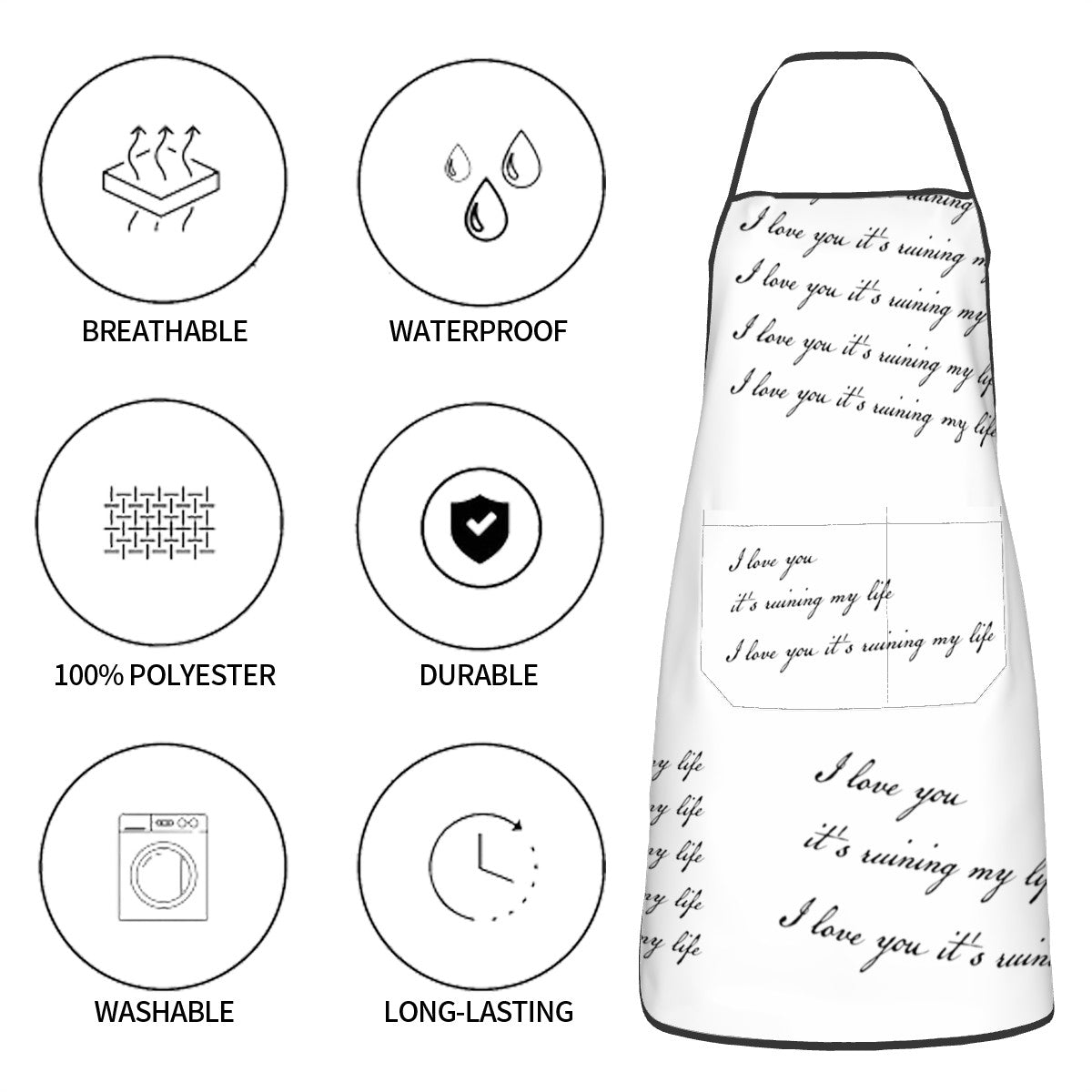 Product packaging with text and icons indicating features like breathable, waterproof, durable, washable, and long-lasting.