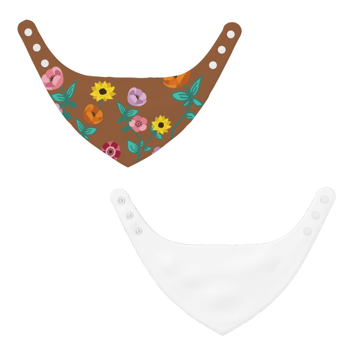 Two bandana bibs, one with a floral pattern on brown and the other white, on a white background.