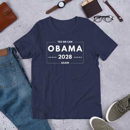 Photograph of a white unisex t‑shirt with bold navy text
