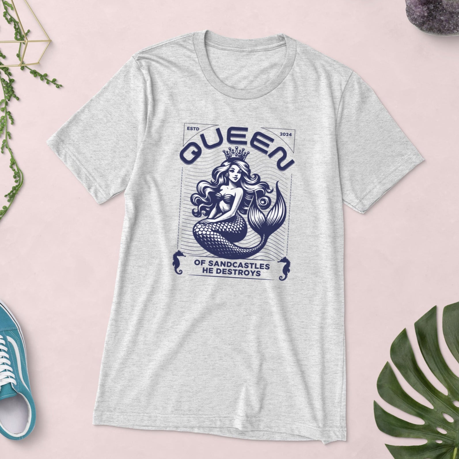 Queen of sandcastles he destroys  mermaid graphic tee in grey and navy